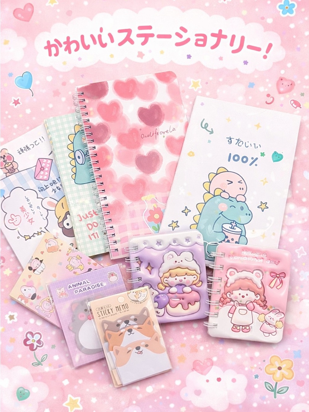 Cute Pink Kids Stationery Notebook Set - Charming Pink Designs